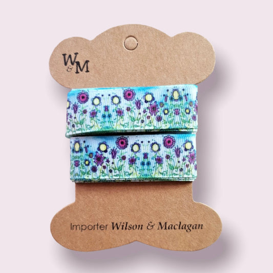 Flowers Purple on Blue Printed Ribbon